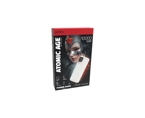  Повербанк Perfeo  Atomic Age 10000 mAh/LED дисплей/PD + QC 3.0/Type-C/2 USB/Выход: 5A, max 22.5W Белый 