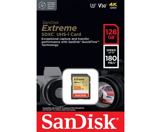  SDXC  128GB  SanDisk Class 10 Extreme V30 UHS-I U3 (180 Mb/s) 
