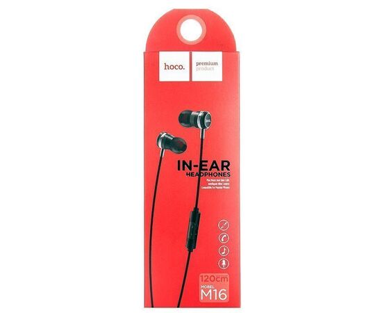  Наушники вакуумные AUX разъём с МК без рег.громкости длина 1.2м Hoco M16 Ling sound metal (Black) 