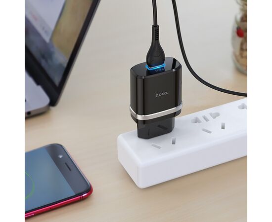  Сетевое зарядное устройство 1USB 3A QC3.0 быстрая зарядка  с дата-кабелем micro USB Hoco C12Q 1м (Black) 