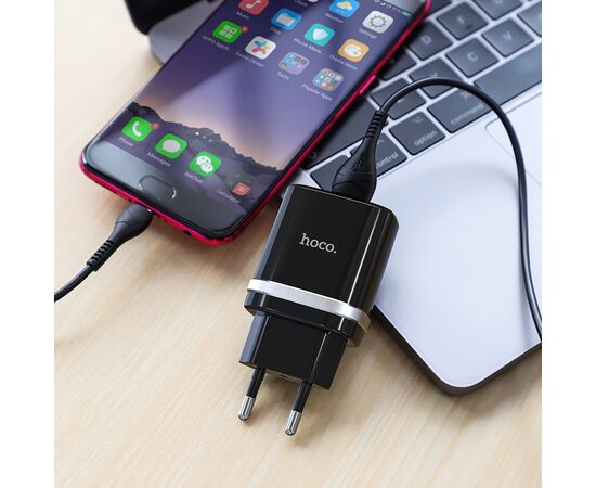  Сетевое зарядное устройство 1USB 3A QC3.0 быстрая зарядка  с дата-кабелем micro USB Hoco C12Q 1м (Black) 