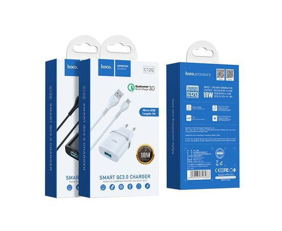  Сетевое зарядное устройство 1USB 3A QC3.0 быстрая зарядка  с дата-кабелем micro USB Hoco C12Q 1м (Black) 
