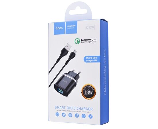  Сетевое зарядное устройство 1USB 3A QC3.0 быстрая зарядка  с дата-кабелем micro USB Hoco C12Q 1м (Black) 