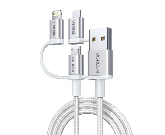  Кабель UGreen US186 (50203) 3-in-1 USB2.0-A Multifuntion Cable with Braid в оплетке 1,5 серебристый 