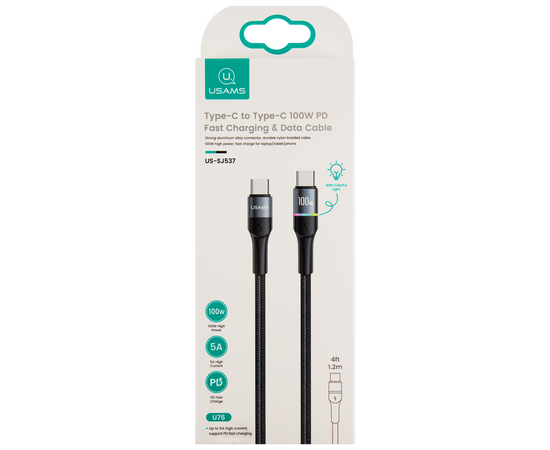  Дата-Кабель USAMS US-SJ537 U76 Type-C - Type-C, PD 100W, 5А, подсветка, нейлоновая оплетка, черный (SJ537USB01) 